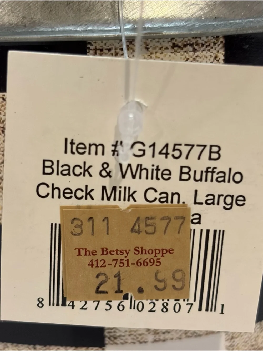NWT CWI Collection Black and White Buffalo Check Metal Milk Can Vase